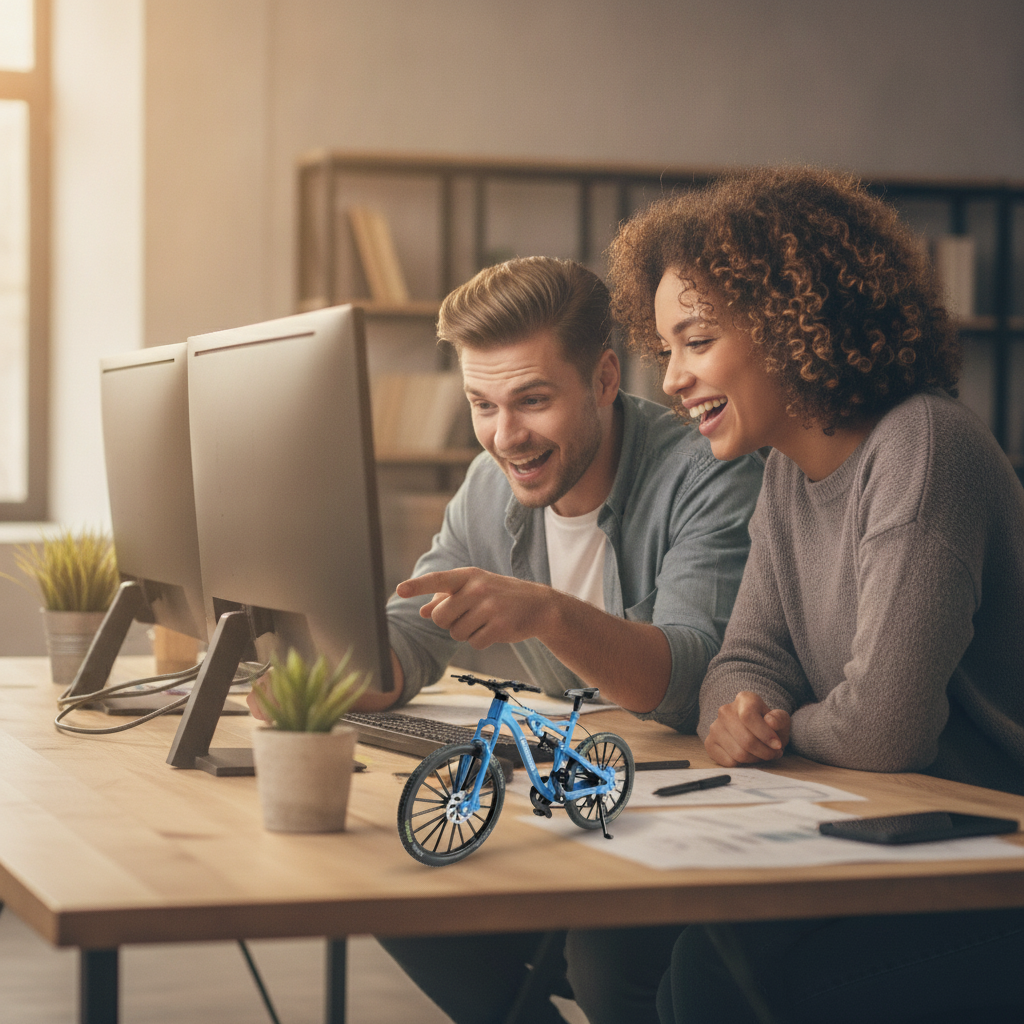 Compañeros de trabajo conversando sobre la MTB azul en el escritorio