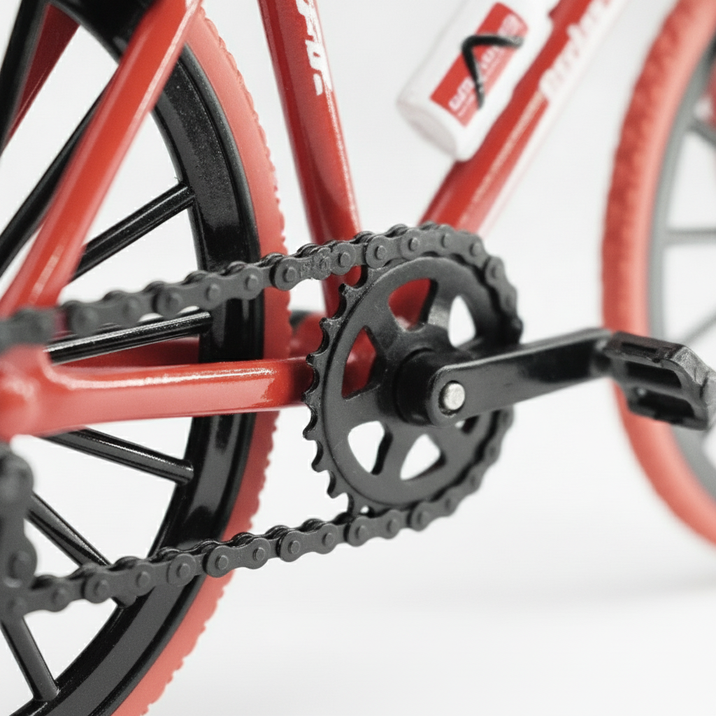 Close-up del sistema de transmisión — cadena de goma negra sobre bici roja