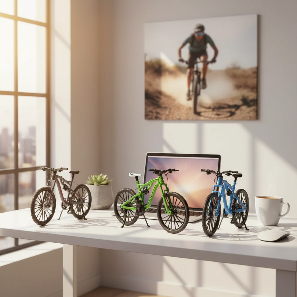 Tres MTBs coleccionables decorando un escritorio — flatlay con cuaderno y cactus
