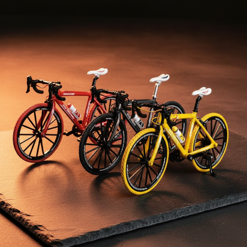Tres bicis coleccionables de ruta — roja, gris y amarilla — sobre superficie de pizarra