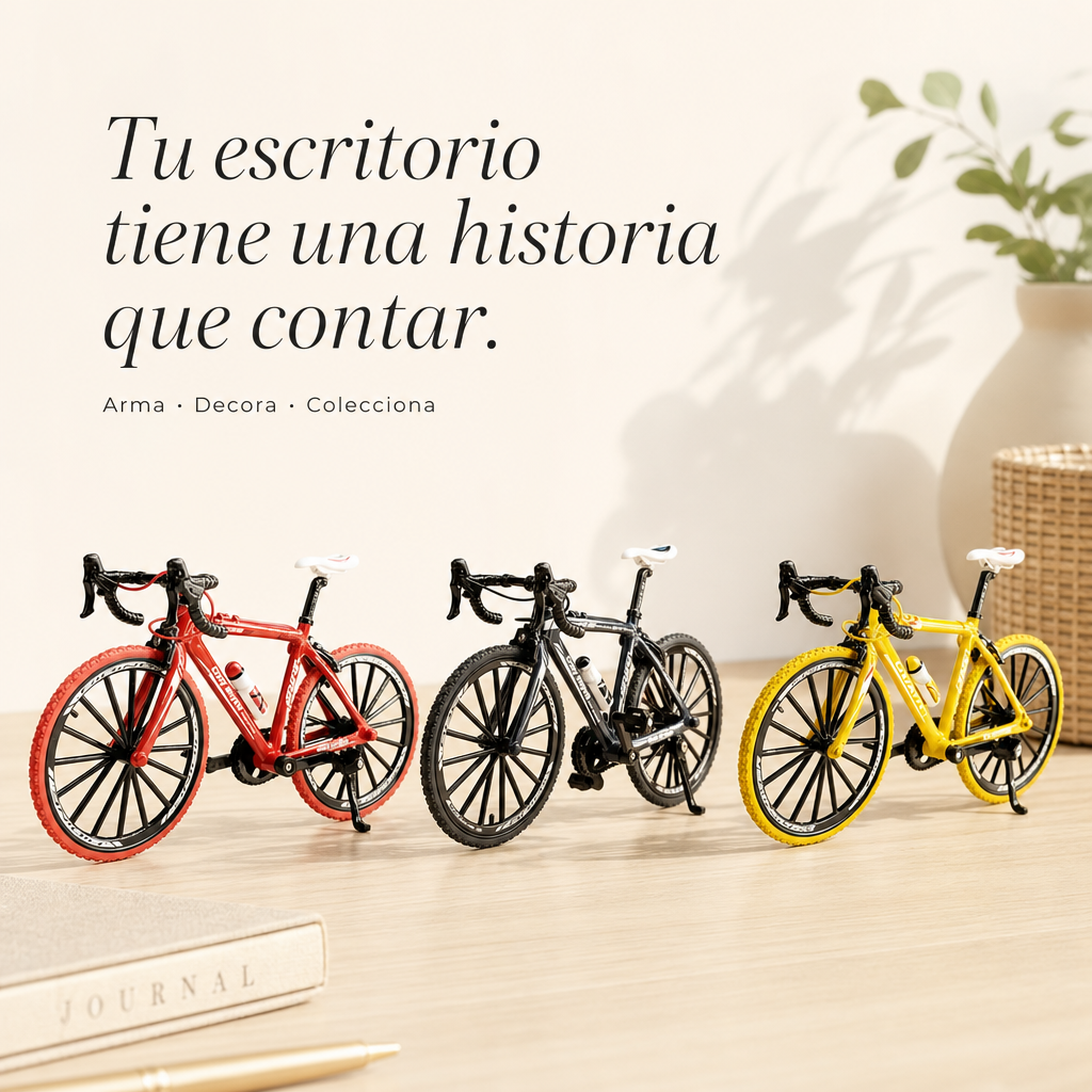 Bicicletas coleccionables decorando un escritorio con laptop y café