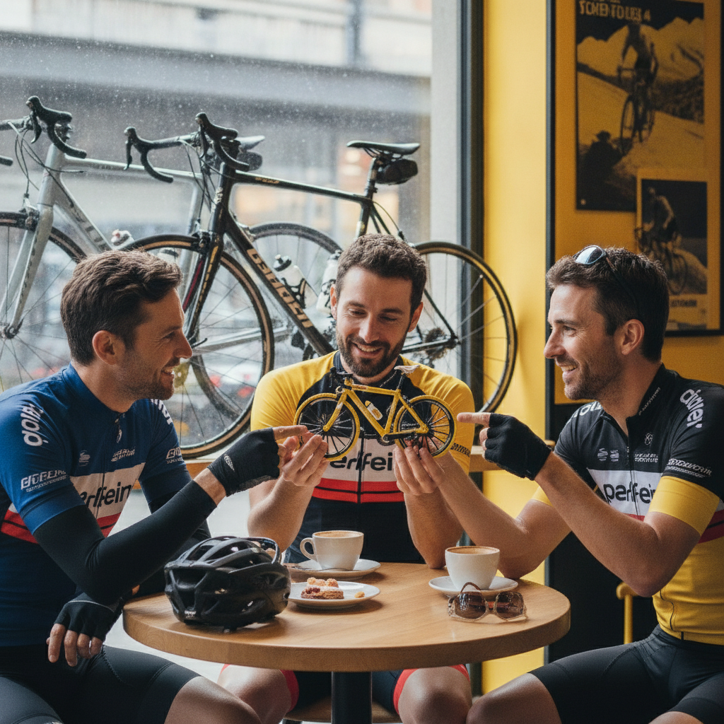 Grupo de ciclistas en café admirando la bici coleccionable amarilla entre ellos