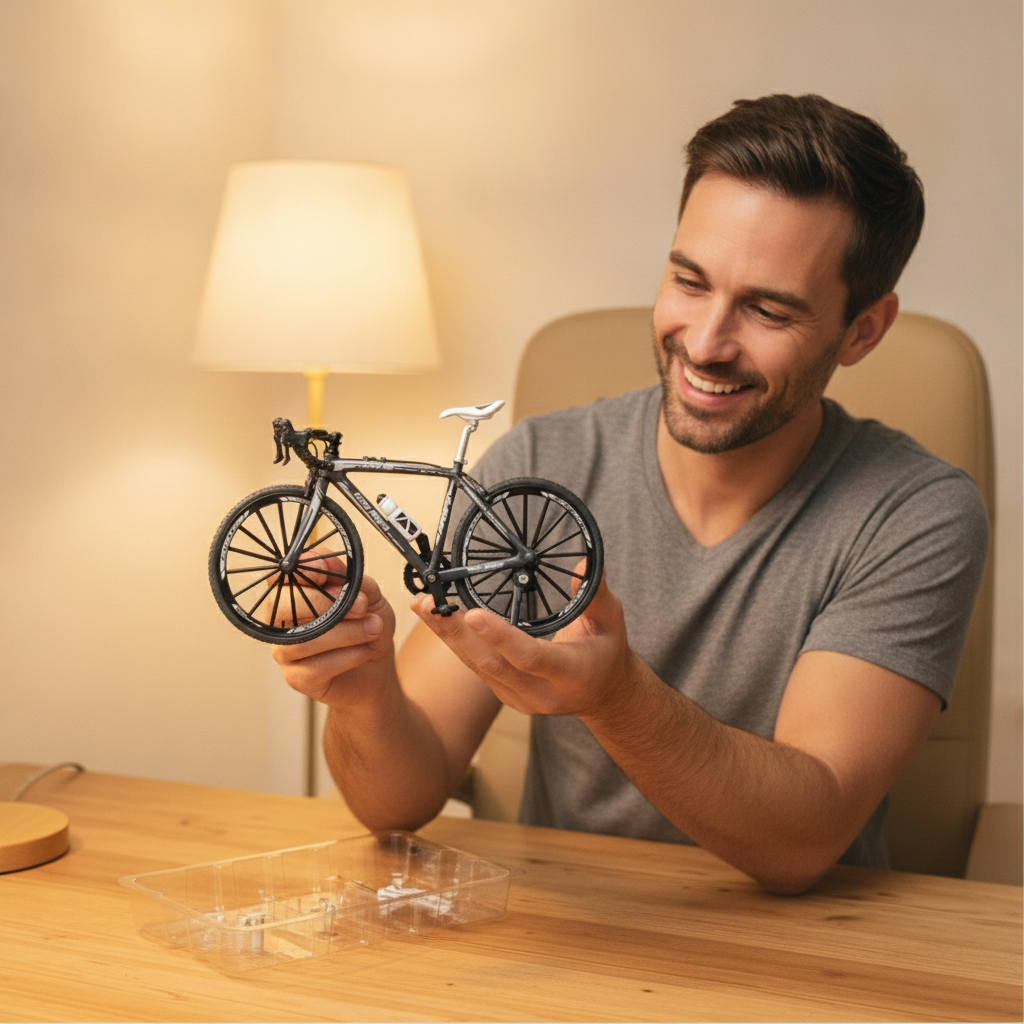 Bici amarilla exhibida en soporte