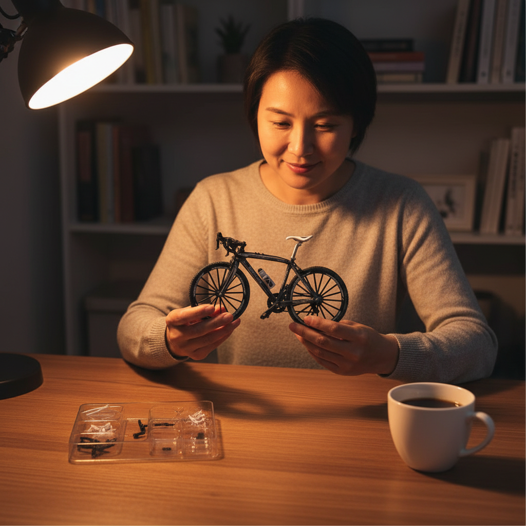 Persona sosteniendo la bici gris terminada bajo la luz