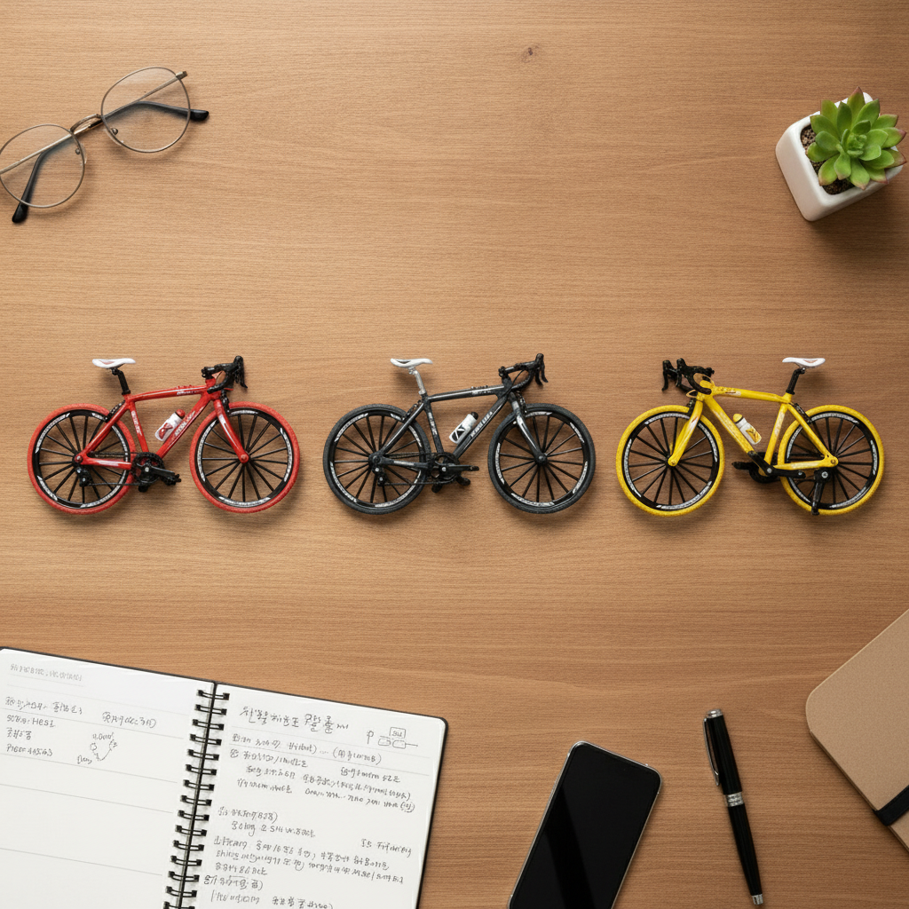 Las 3 bicicletas coleccionables decorando un escritorio