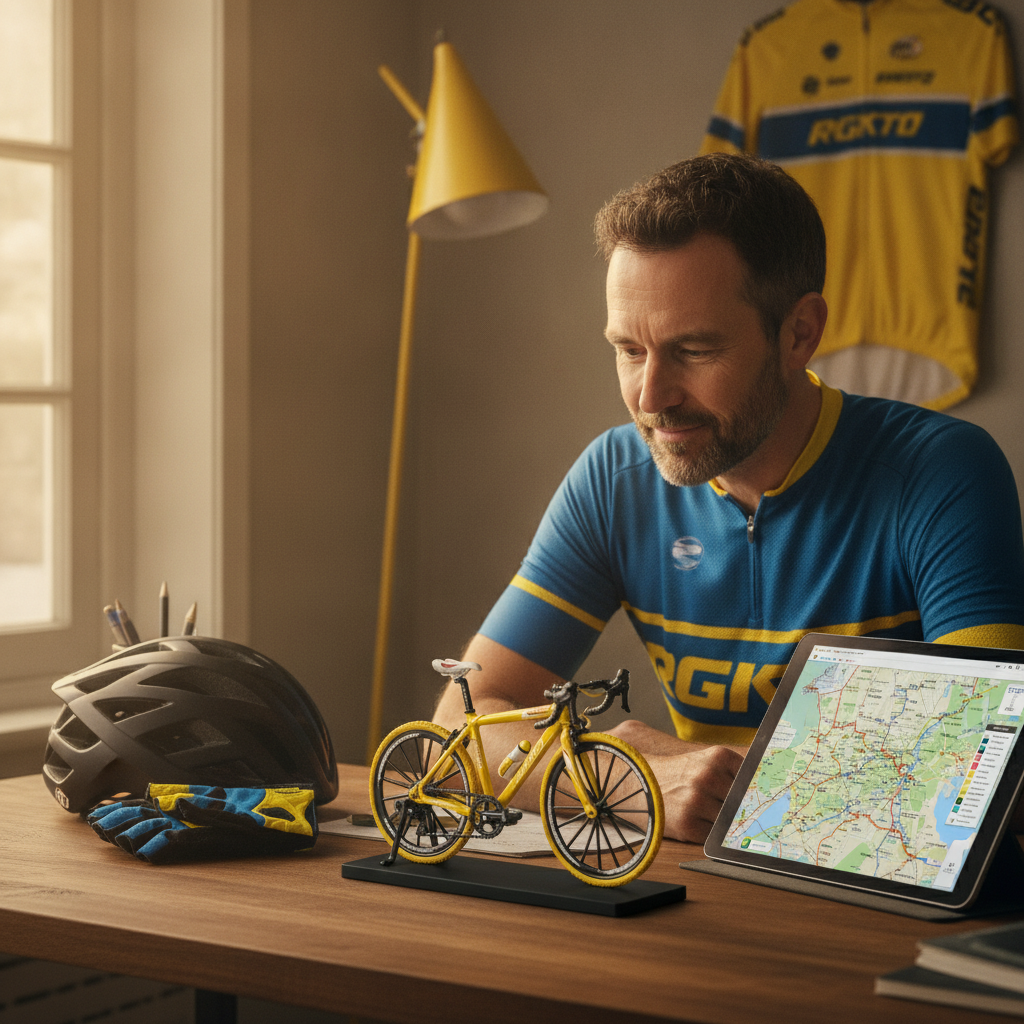 Ciclista en escritorio con maillot amarillo colgado y bici coleccionable en soporte