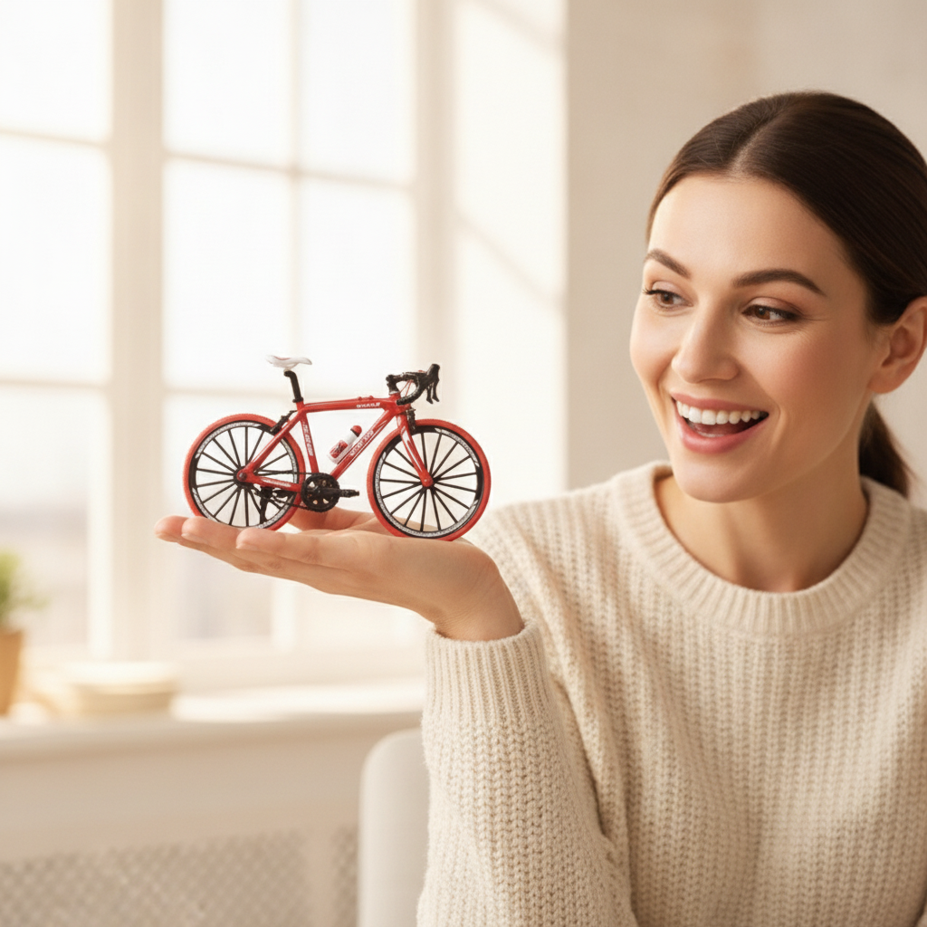 Mujer sosteniendo la bici roja coleccionable con admiración y alegría