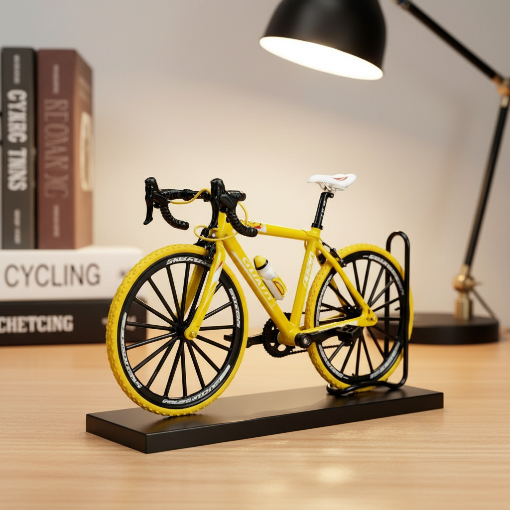 Bici amarilla coleccionable exhibida en soporte sobre escritorio