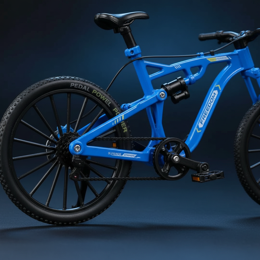 Detalle mecánico de la MTB azul — suspensión trasera y transmisión visible