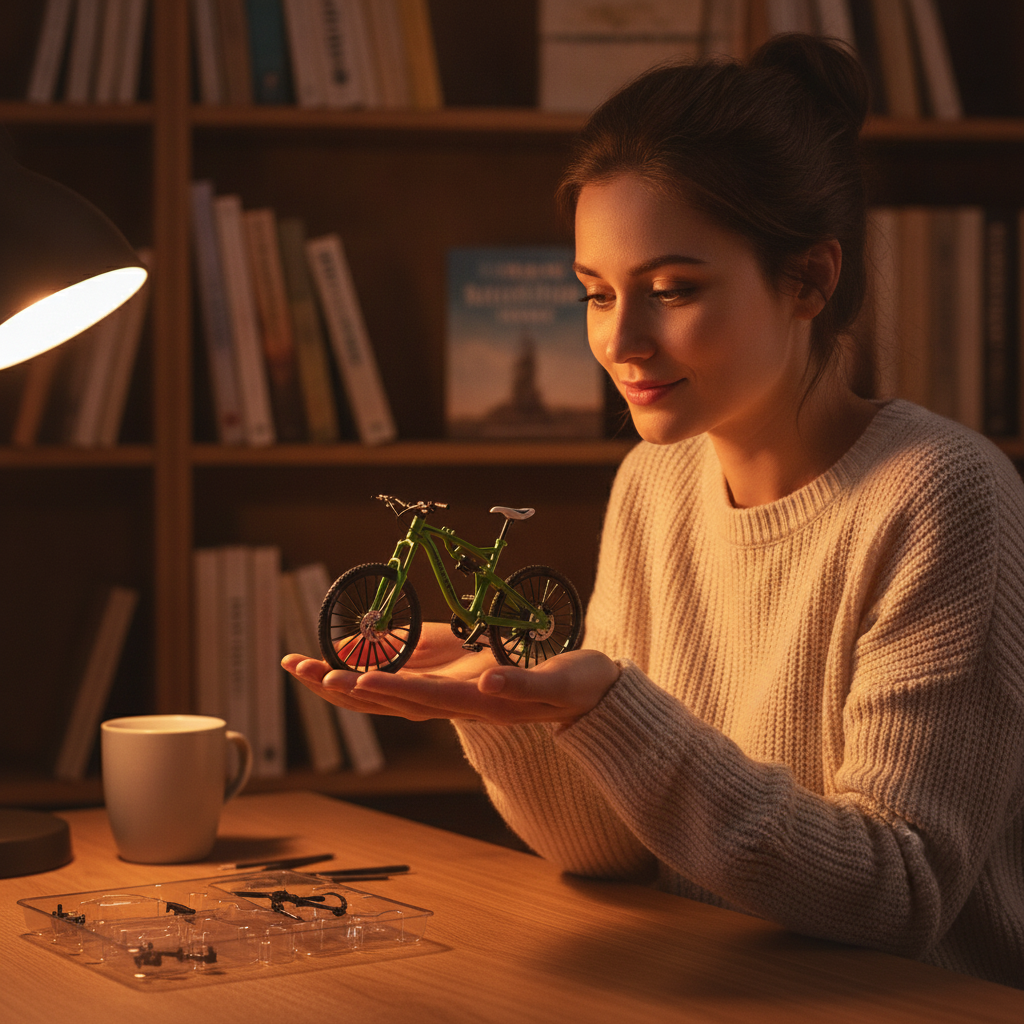 Persona sosteniendo la MTB verde terminada bajo la luz del escritorio