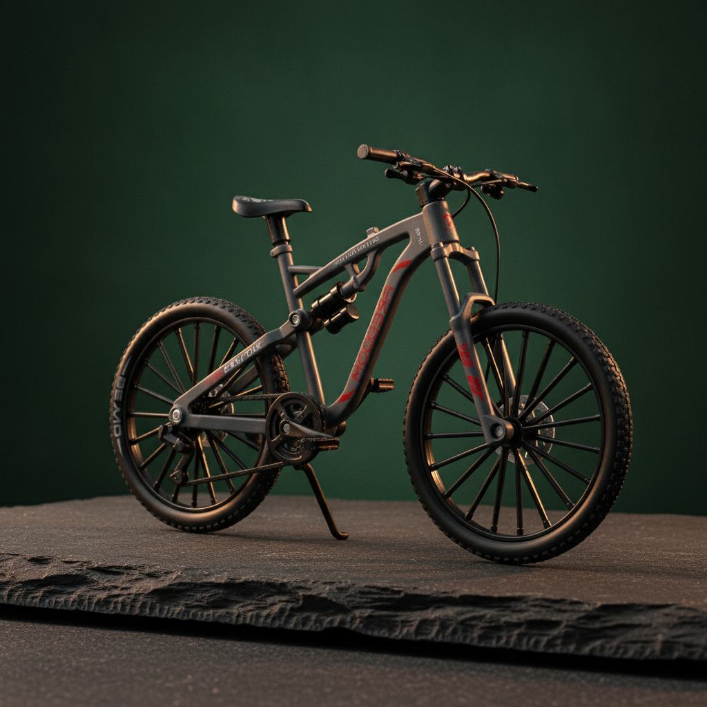 MTB gris con acento rojo sobre fondo verde oscuro