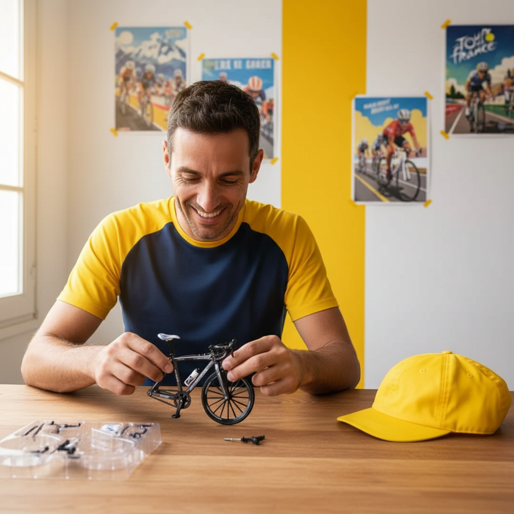 Hombre feliz armando la mini bici de ruta coleccionable con posters de ciclismo al fondo